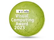 A green colored sphere, symbolizing the world, has a fine mesh on its surface, with "VRVis Visual Computing Award 2023" written above it.