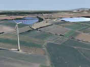 Visualization of a planned large photovoltaic array in Lower Austria complementing an existing wind park area.