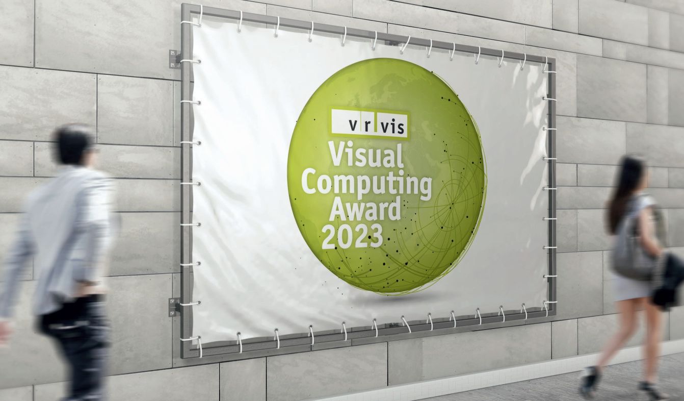 Plakat mit dem VRVis Virtual Computing Award 2023 mit zwei Passanten, die daran vorbeigehen
