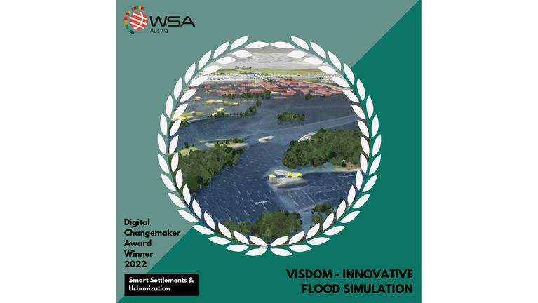 Logo of the WSA Austria Award with a picture of the Visdom software in the middle