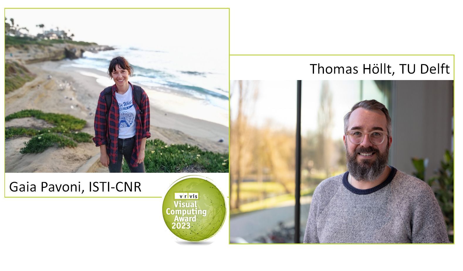 Zwei Portraitfotos von Gaia Pavoni und Thomas Höllt nebeneinander, versehen mit einem grünen Rahmen sowie das grüne Logo des VRVis Visual Commputing Awards.