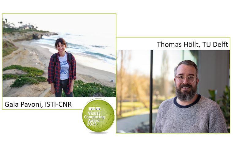 Two portrait photos of Gaia Pavoni and Thomas Höllt side by side, provided with a green frame as well as the green logo of the VRVis Visual Commputing Award.