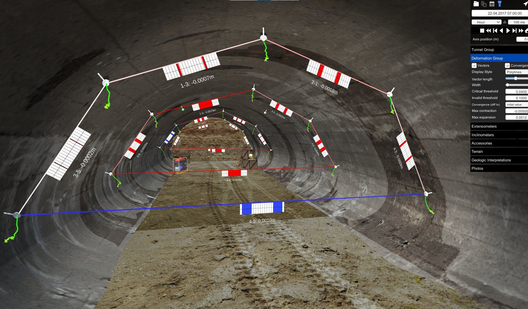 Image of a tunnel with different measurements and colored measurement lines.