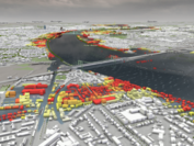 Visualisierung eines Überflutungsszenarios in der Stadt Köln: die rot markierten Gebäude sind besonders gefährdet, gelb markierte Gebäude sind weniger geährdet.
