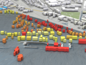 Die Visualisierung von bei Hochwasser gefährdeten Gebäuden wird mit gelb für leicht gefährdet bis hin zu rot für schwer gefährdet dargestellt.