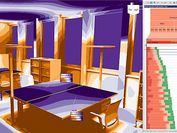 Visualisierung eines Büroraumes, welcher im Farbverlauf verschiedene Deisgnalternativen anzeigt.
