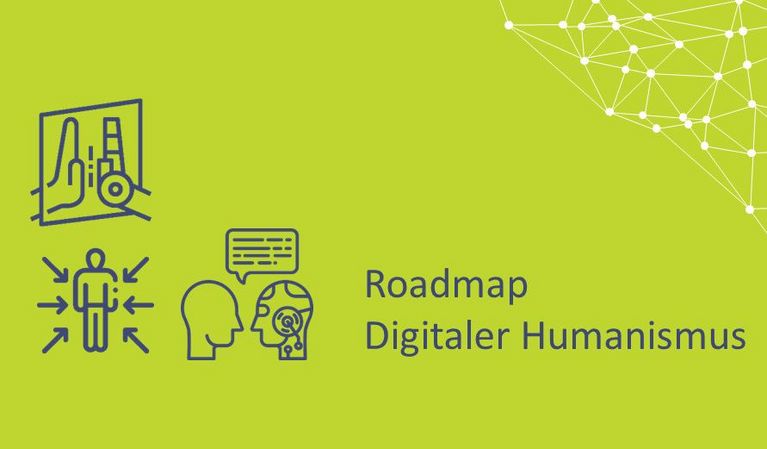 Grünes Bild mit blauen Flaticons, die eine Interaktion zwischen Mensch und Maschine andeuten, sowie dem Schriftzug Roadmap digitaler Humanismus