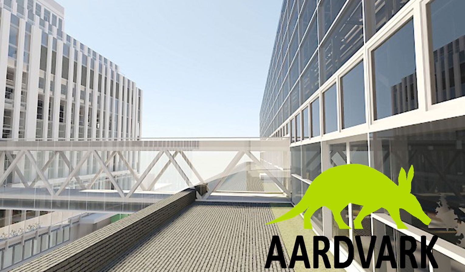 Visualisierung zweier moderner Bürogebäudefronten, die durch eine Brücke verbunden sind.