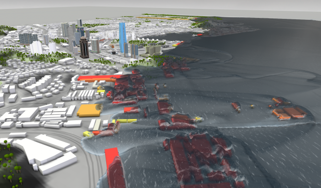 Simulation und Visualisierung einer Tsunami-Welle, die über einer chinesischen Stadt niederbricht.