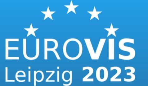 Logo der EuroVis Konferenz 2023 zeigt die Skyline von Leipzig vor blauem Hintergrund