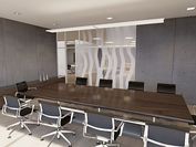 Die Visualisierung eines Büroraumes mit einem großen Besprechungstisch mit Stühlen, welcher physikalisch korrekt beleuchtet ist.
