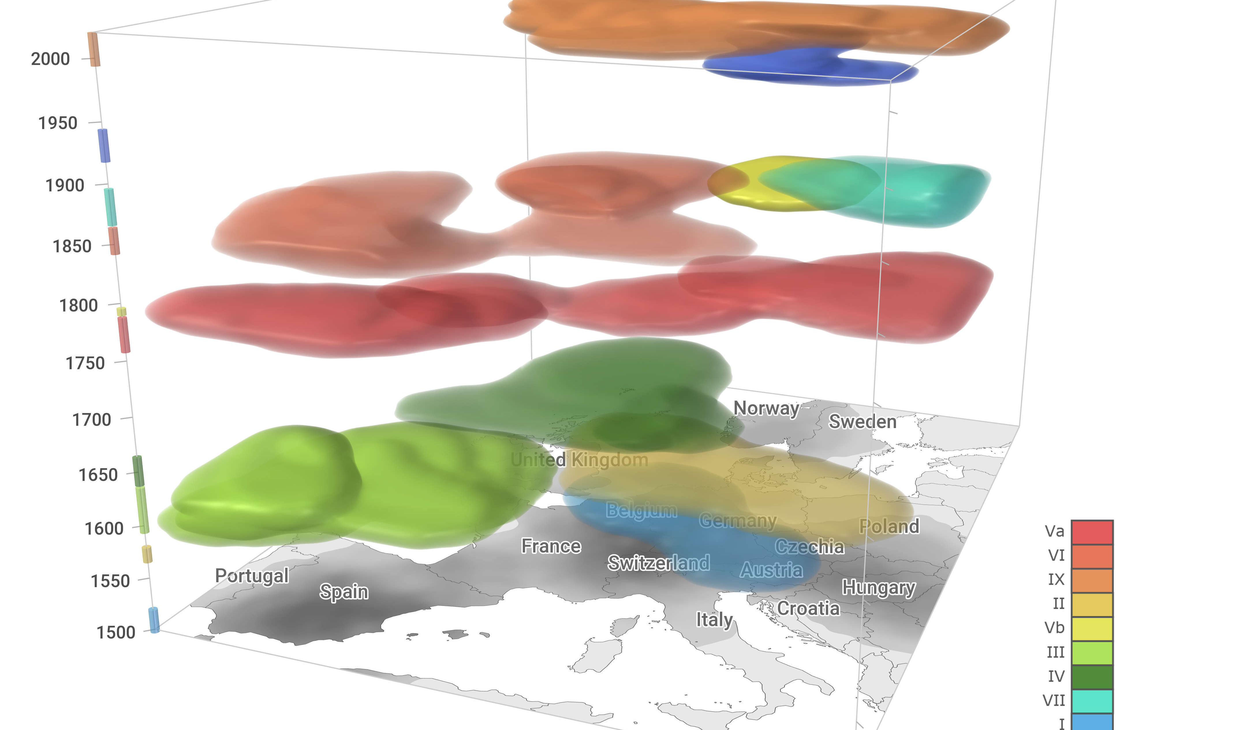Eine dreidimensionale Darstellung mit einer Europakarte ganz unten. Darüber schweben farbige Flächen wie Wolken, die die Hochwasser der letzten 500 Jahre in Europa in verschiedenen Schweregraden anzeigen. 