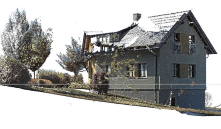 Bild eines aus Punkten rekonstrukierten Hauses mit Umgebung.