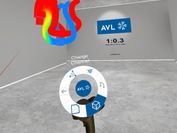 VR-Arbeitsraum mit grauem Hintergrund sowie das Radial-Menü zur Benutzung der VR-Anwendung und darüber ein 3D-Motorenmodell, eingefärbt, sowie das AVL Logo. 