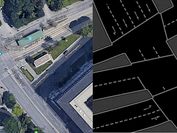Zu sehen sind zwei Ansichten nebeneinander: einerseits echte Straßenaufnahmen aus der Luft sowie vom Algorithmus extrahierte geometrische Ergebnisse.