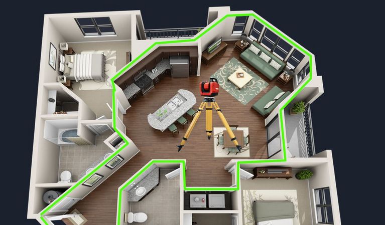 Visualisierung eines 3D-Wohnungsgrundrisses mit Einreichtung, in welchem eine Vermessung durhcgeführt wird.