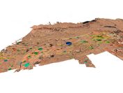 You can see a reconstruction of the surface of Mars: light brown soil as well as various rock layers, which are geologically annotated in bright colors with lines and circles and dots.