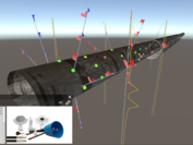 3D-Visualisierung eines zu bauenden Tunnels mit verschiedenen farbigen Markierungen und Info-Fenstern
