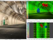 Drei verschiedene Visualisierungen von Tunneloberflächen, einmal als realistische 3D-Darstellung, einmal als 2D-Darstellung einmal in Falschfarbe.