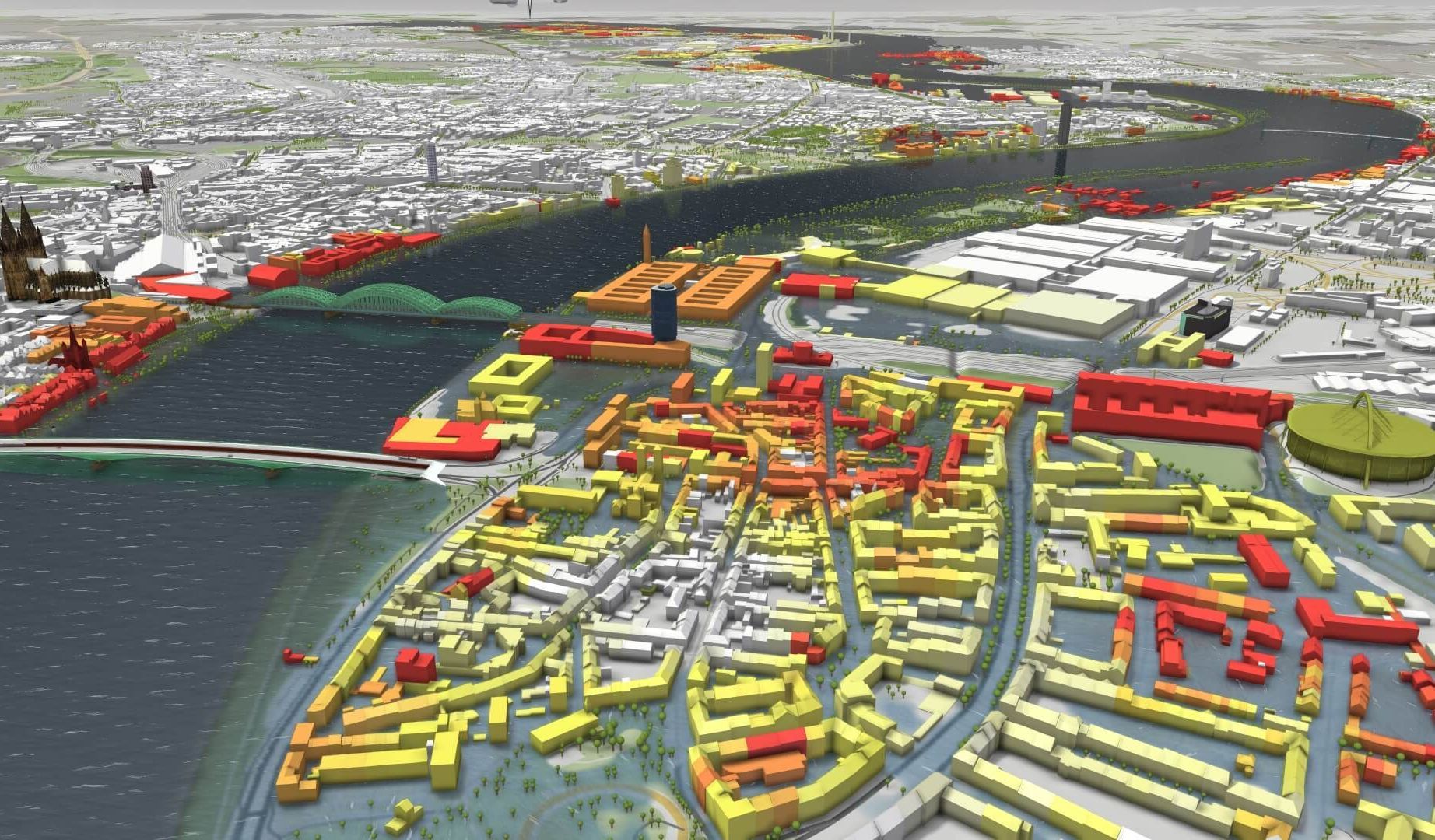 Visualisierung einer Großstadt mit Fluss und verschiedenfarbigen Hochwasserriskogebieten mit der Software Visdom