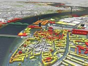 Visualisierung einer Großstadt mit Fluss und verschiedenfarbigen Hochwasserriskogebieten mit der Software Visdom