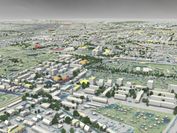 Dreidimensionale Darstellung eines Hamburger Stadtteils mit Überschwemmungsgebieten
