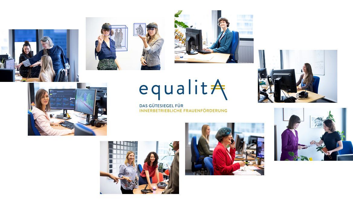 Bilder von Frauen am VRVis mit dem equalitA-Logo in der Mitte