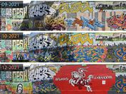 Three photos of a wall covered with graffiti on the Donaukanal, the sprayings are changing over the time