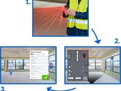 Three pictures show the workflow with the application Onsite-AR, one photo shows a person with a smartphone in hand, two photos show a room as well as the interface of the application