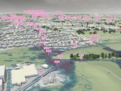 Dreidimensionale Ansicht eines Stadtgebiets in Hamburg mit Überschwemmungszonen und rosaroten Informationsmarkierungen zu besonderen Gefahrenzonen