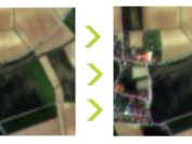 Zwei Satellitenbilder nebeneinander, das linke Originalbild ist verpixelt, das von VRVis nachgebesserte Bild (rechts) ist wesentlich besser zu erkennen. 
