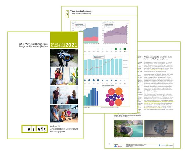 Drei Einzelseiten des VRVis Geschäftsberichts 2021 sind nebeneinander zu sehen.
